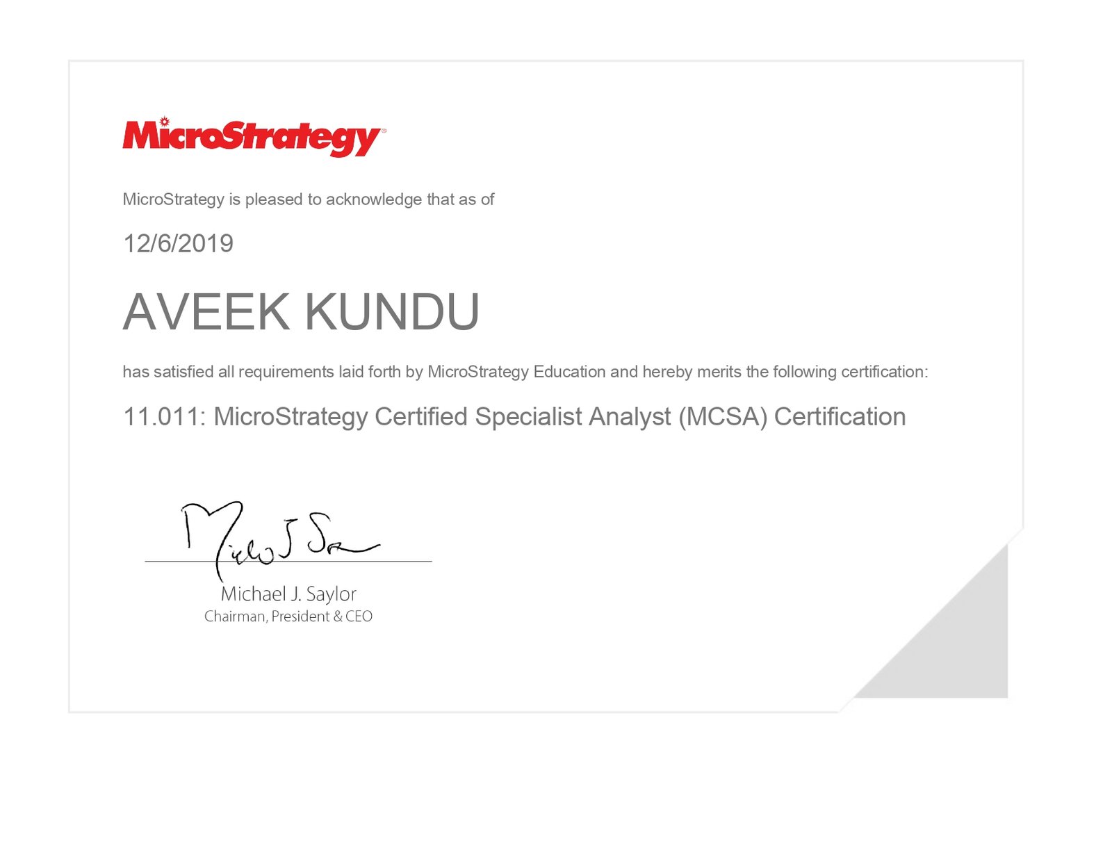 MicroStrategy Certificate